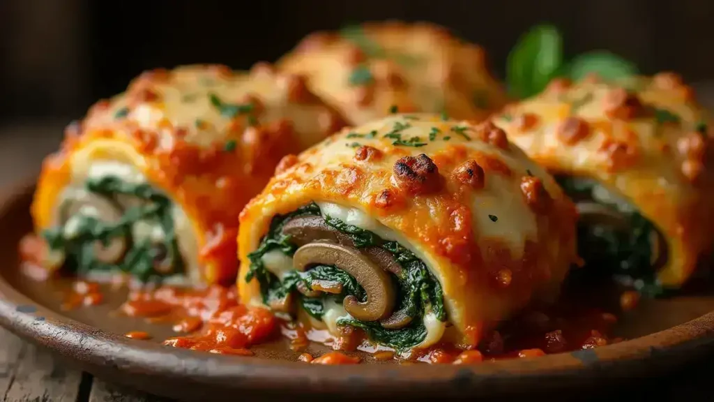 Mushroom and Spinach Lasagna Rolls