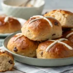 Traditional Easter Hot Cross Buns cooling on a wire rack in the kitchen.