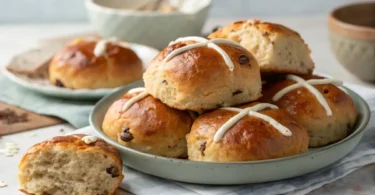 Traditional Easter Hot Cross Buns cooling on a wire rack in the kitchen.