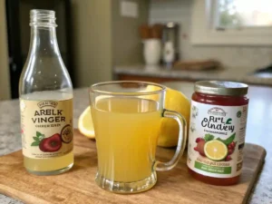 Top-down view of freshly prepared mounjaro drink with ginger slices, honey, and lemon – a homemade mounjaro recipe for weight loss
