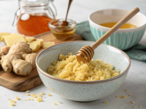 Four simple ingredients – lemon, ginger, apple cider vinegar, and honey – laid out for a natural mounjaro recipe with 4 ingredients