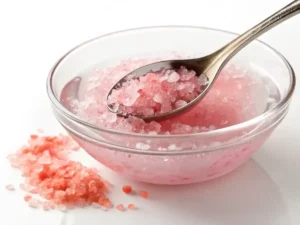 Pink salt being stirred into warm water until fully dissolved.