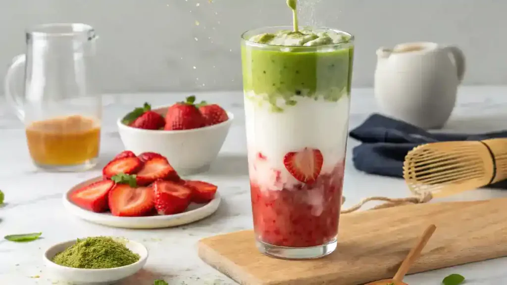 easy Iced Strawberry Matcha Latte recipe — sweet strawberries meet earthy matcha in a creamy, layered drink. Perfect for summer, dairy-free & diabetic-friendly options included.