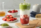 easy Iced Strawberry Matcha Latte recipe — sweet strawberries meet earthy matcha in a creamy, layered drink. Perfect for summer, dairy-free & diabetic-friendly options included.