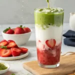 easy Iced Strawberry Matcha Latte recipe — sweet strawberries meet earthy matcha in a creamy, layered drink. Perfect for summer, dairy-free & diabetic-friendly options included.