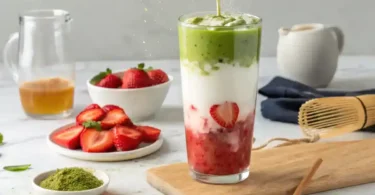 easy Iced Strawberry Matcha Latte recipe — sweet strawberries meet earthy matcha in a creamy, layered drink. Perfect for summer, dairy-free & diabetic-friendly options included.