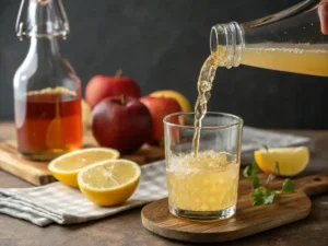 Lemon juice and apple cider vinegar being poured into a glass of ice water for the Ice Water Hack Recipe.