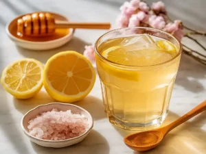 Glass of Japanese Pink Salt drink with lemon and honey on a wooden table