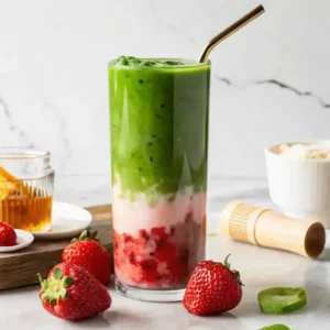easy Iced Strawberry Matcha Latte recipe — sweet strawberries meet earthy matcha in a creamy, layered drink. Perfect for summer, dairy-free & diabetic-friendly options included.