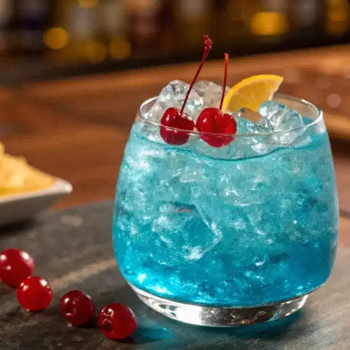 Blue Lotus Drink served in a short, wide glass filled with vibrant blue cocktail,