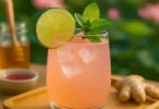 Refreshing vegan Lotus Energy Drink served in a glass with natural light and floral background