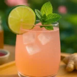 Refreshing vegan Lotus Energy Drink served in a glass with natural light and floral background