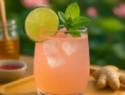 Refreshing vegan Lotus Energy Drink served in a glass with natural light and floral background