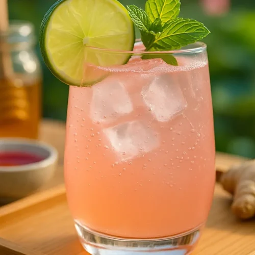Lotus Energy Drink with honey, ginger, and lotus syrup ingredients on a wellness-themed setup
