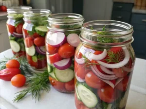 Layered cherry tomatoes, red onions, and cucumbers being packed into a glass jar for pickling.