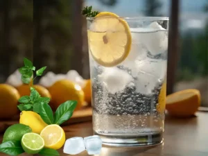 A close-up of a refreshing ice water drink with lemon and apple cider vinegar, ready to support metabolism.