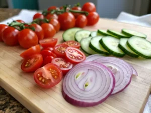 Sliced cherry tomatoes, red onions, and cucumbers arranged on a cutting board, ready for pickling.
