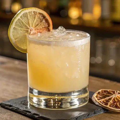Experience white lotus energy in a sleek, wide cylindrical glass topped with a dried lemon slice, offering a crisp and sophisticated non-alcoholic drink.