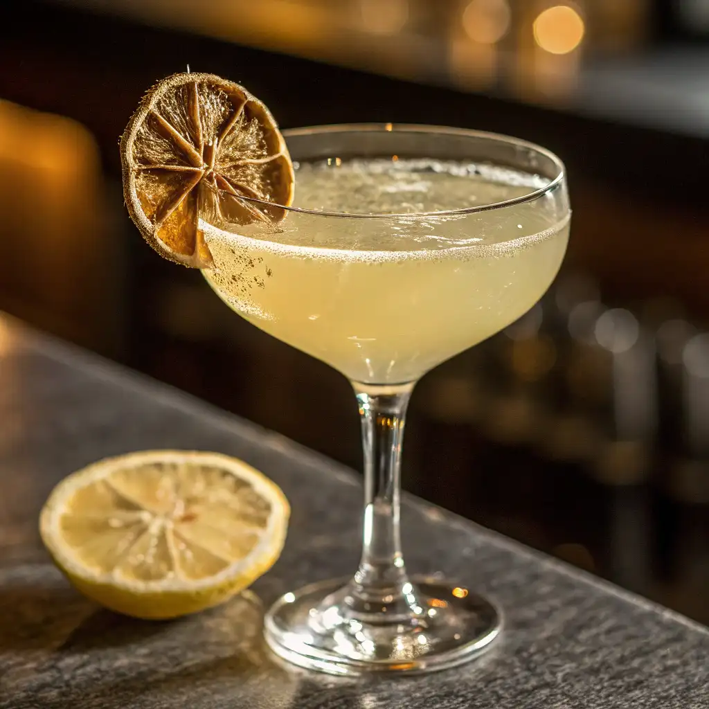 White lotus energy mocktail served in a wide glass with a solid base, featuring subtle effervescence and a beautiful dried lemon garnish.