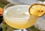 White lotus energy in a wide cylindrical glass with a thick base, delicate bubbles, and a dried lemon slice