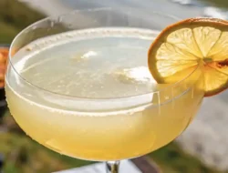 White lotus energy in a wide cylindrical glass with a thick base, delicate bubbles, and a dried lemon slice