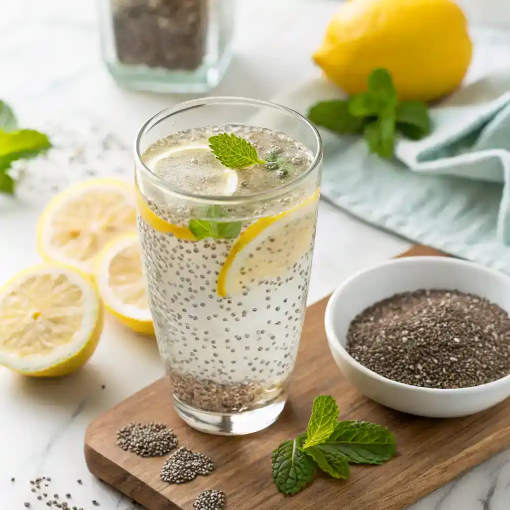 Clear glass of chia water with lemon and mint for the Chia Water Recipe, a hydrating natural weight loss recipe.