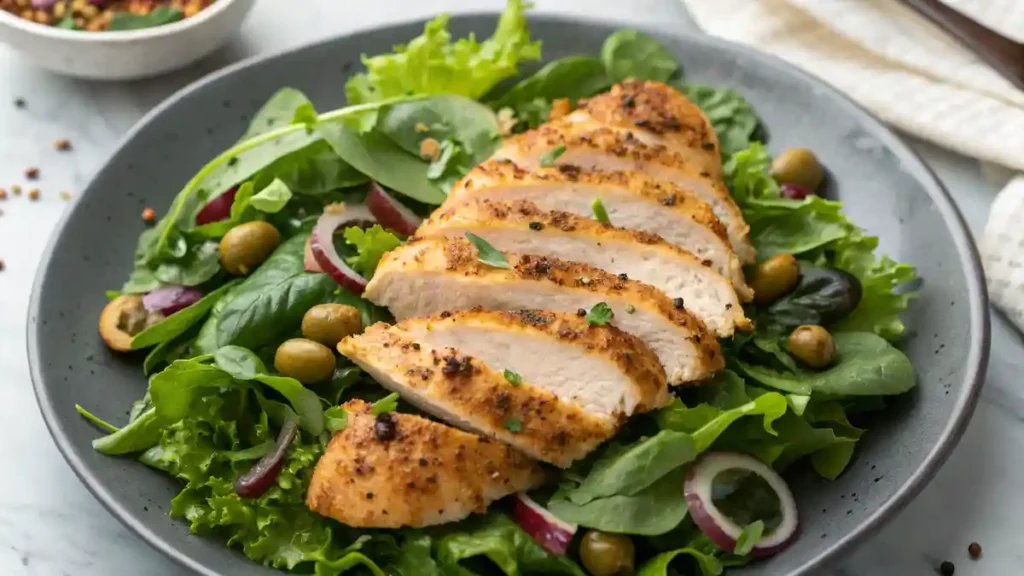 Pan-seared chicken paillard with lemon-butter sauce on arugula salad