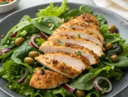 Pan-seared chicken paillard with lemon-butter sauce on arugula salad