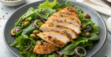 Pan-seared chicken paillard with lemon-butter sauce on arugula salad