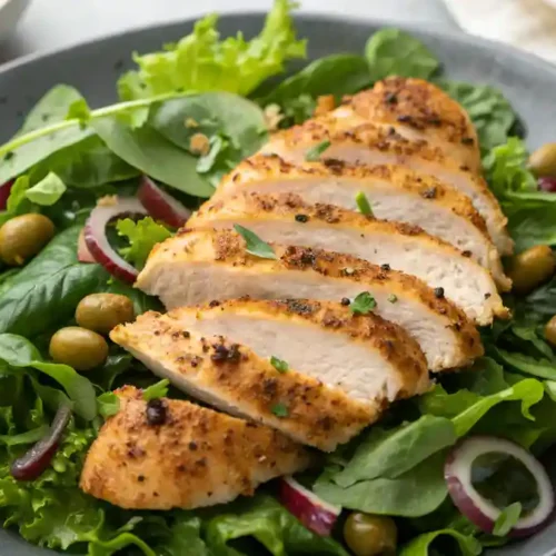 Pan-seared chicken paillard with lemon-butter sauce on arugula salad