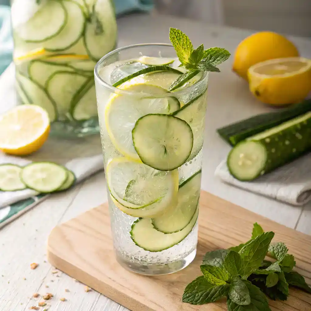 Tall glass of cucumber and mint water for the Cucumber Drinks Recipe, a detoxifying natural weight loss recipe.