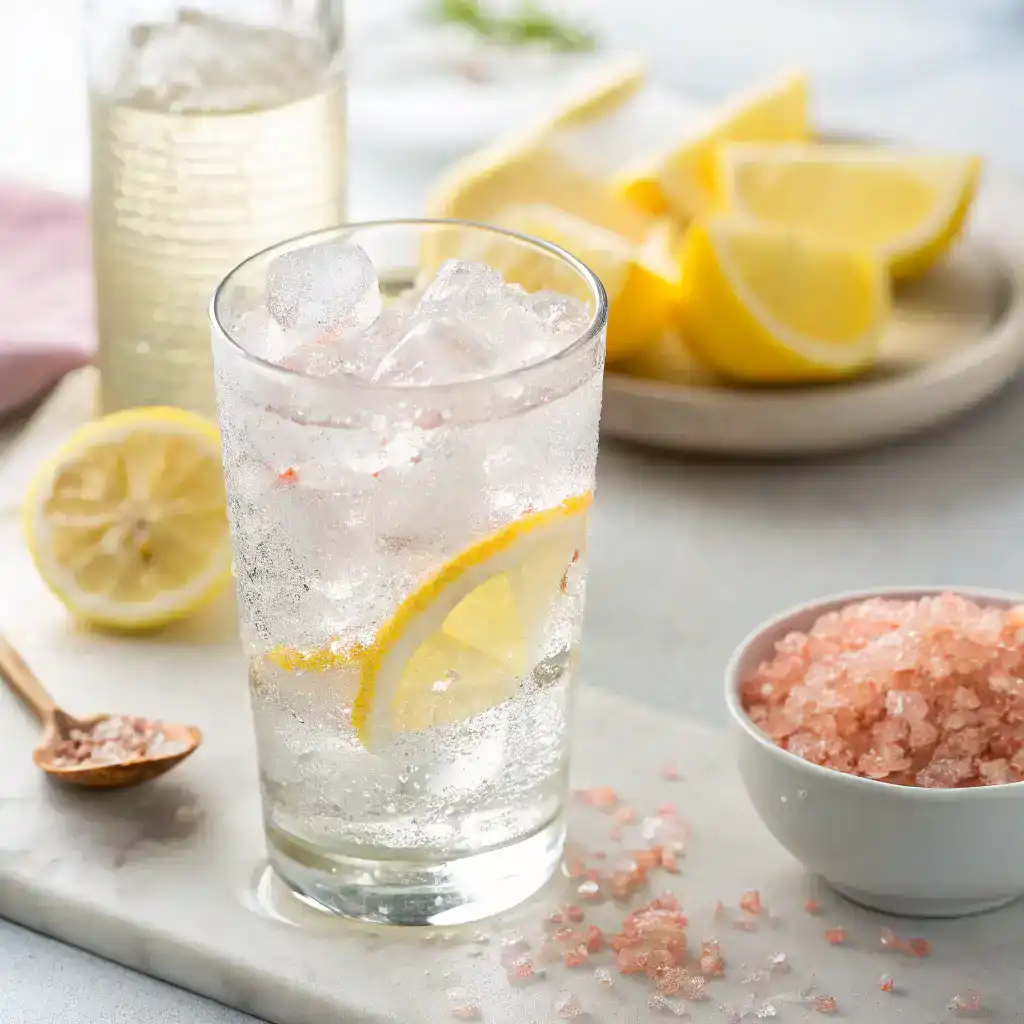 Glass with ice, lemon, and pink salt for the Ice Hack Recipe for Weight Loss, a thermogenic natural weight loss recipe.