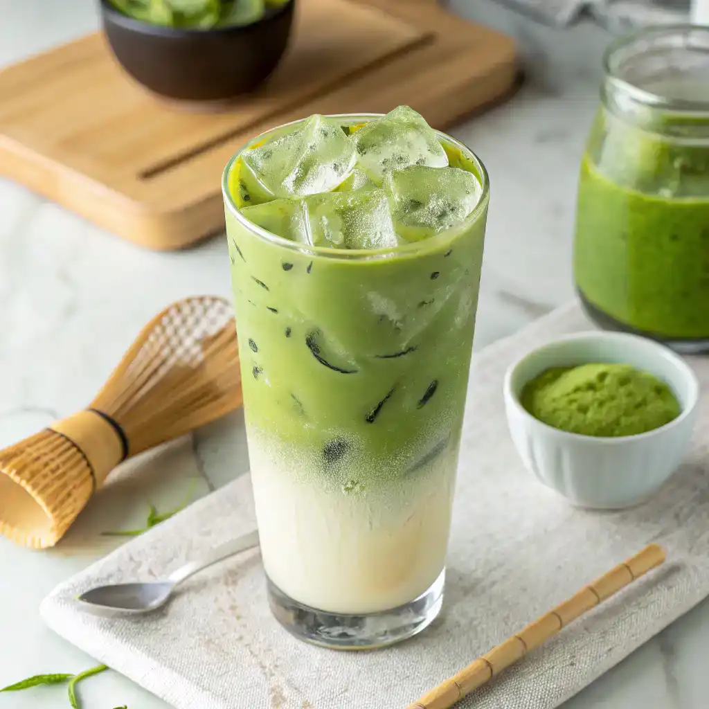 Iced green matcha latte in a tall glass for the Iced Matcha Latte, a metabolism-boosting natural weight loss recipe.