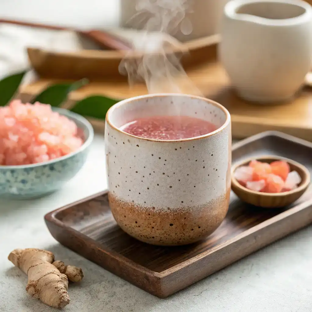 Warm cup with pink salt and umeboshi vinegar in the Japanese Pink Salt Diet Recipe, a traditional natural weight loss recipe.