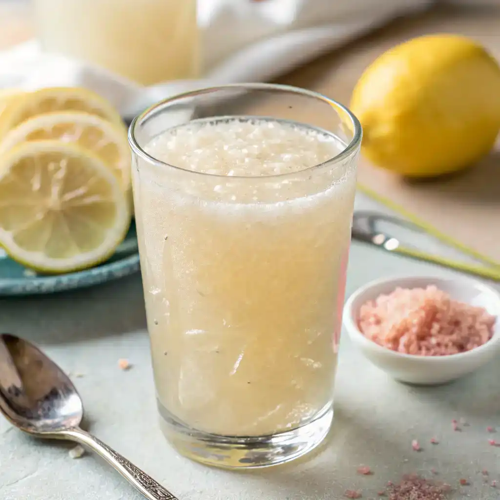 Slightly thickened psyllium drink in a glass for the Natural Zepbound Recipe, an appetite-suppressing natural weight loss recipe.