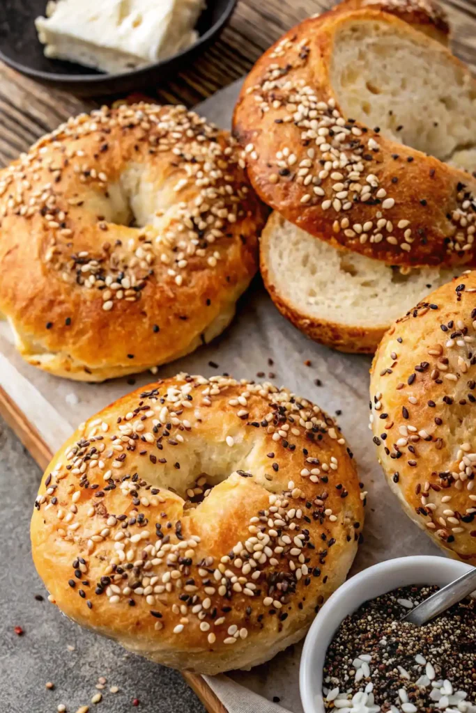 Freshly baked cottage cheese bagels on a cooling rack, golden brown and fluffy