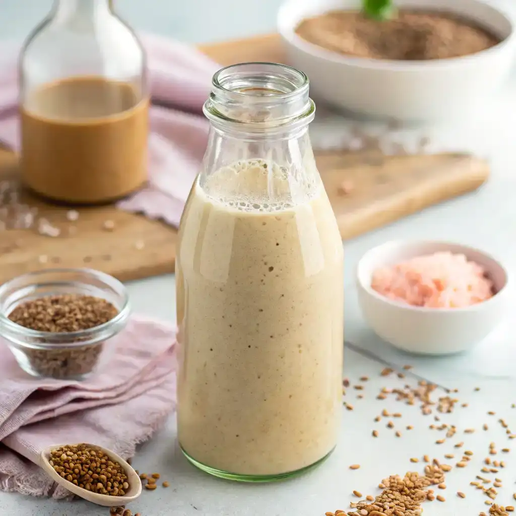 Creamy flaxseed and MCT oil drink in a glass for the Zepbound Recipe (Non-Pharmaceutical Alternative), a satiety-supporting natural weight loss recipe.