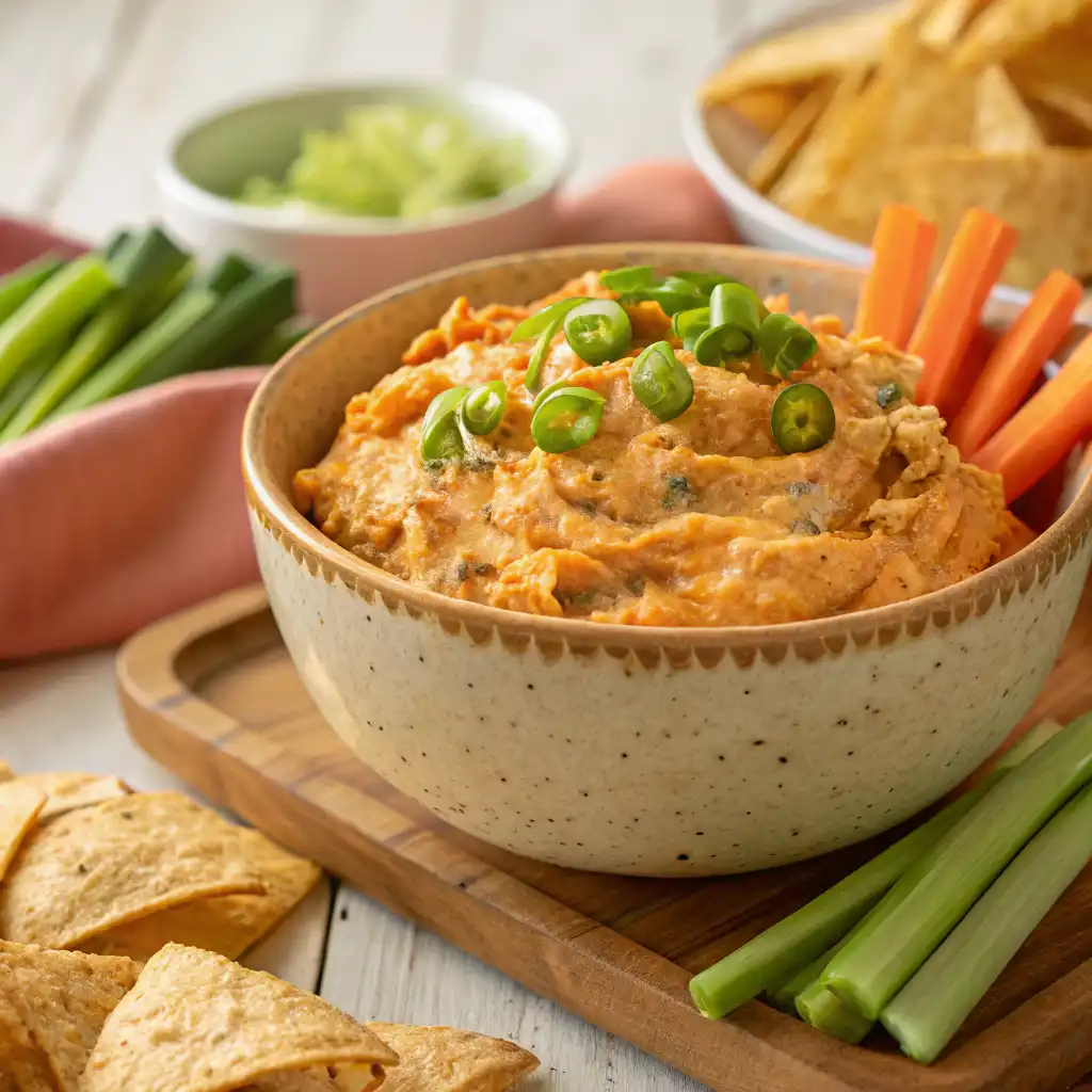 Keto-friendly high protein buffalo chicken dip served with celery sticks and bell pepper strips.
