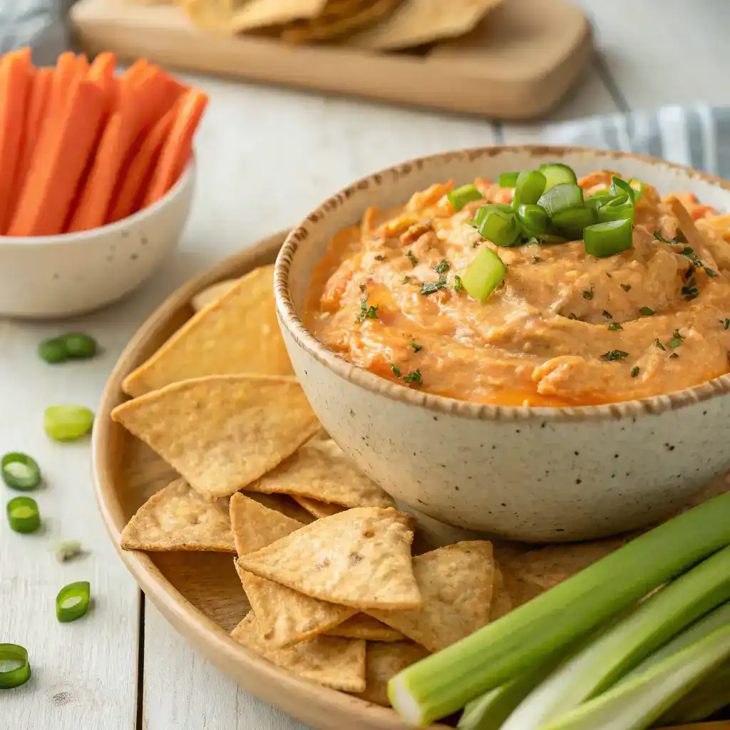 Healthy high protein buffalo chicken dip in a baking dish, garnished with herbs.