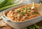 A bowl of creamy high protein buffalo chicken dip, golden and bubbling, ready to serve.