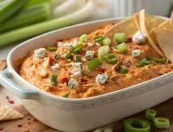 A bowl of creamy high protein buffalo chicken dip, golden and bubbling, ready to serve.