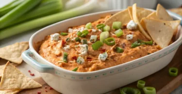 A bowl of creamy high protein buffalo chicken dip, golden and bubbling, ready to serve.