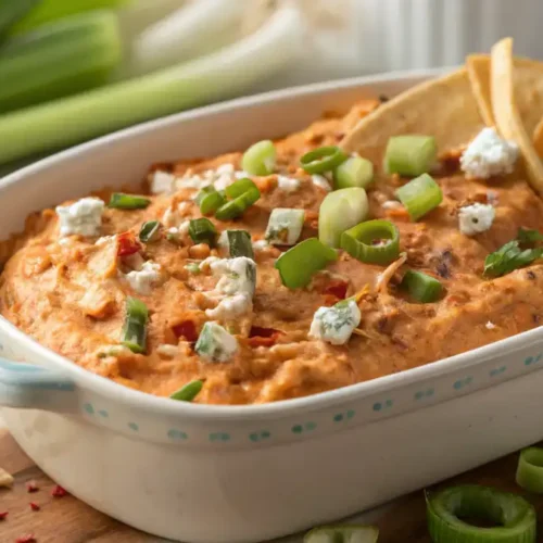 A bowl of creamy high protein buffalo chicken dip, golden and bubbling, ready to serve.