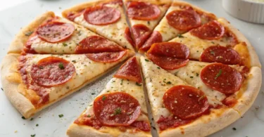 High protein pizza crust baked to a golden crisp, topped with melted cheese and pepperoni.