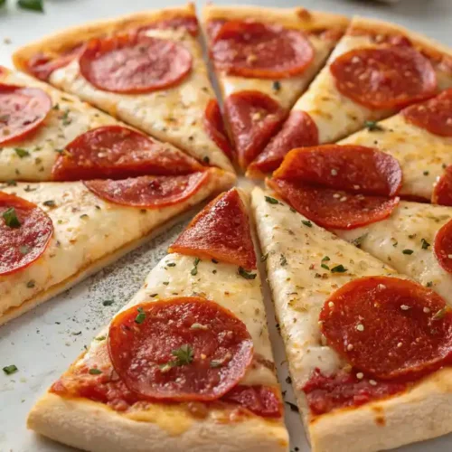 High protein pizza crust baked to a golden crisp, topped with melted cheese and pepperoni.