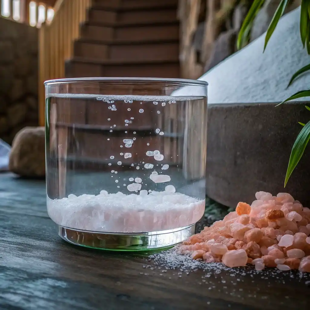 Glass of detox water prepared with the Japanese pink salt recipe with baking soda for better digestion.