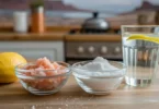 Step-by-step preparation of the Japanese pink salt recipe with baking soda in a clear glass.
