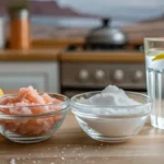 Step-by-step preparation of the Japanese pink salt recipe with baking soda in a clear glass.