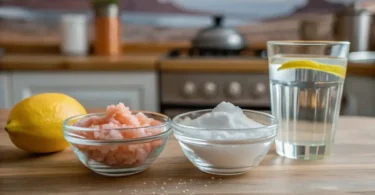 Step-by-step preparation of the Japanese pink salt recipe with baking soda in a clear glass.