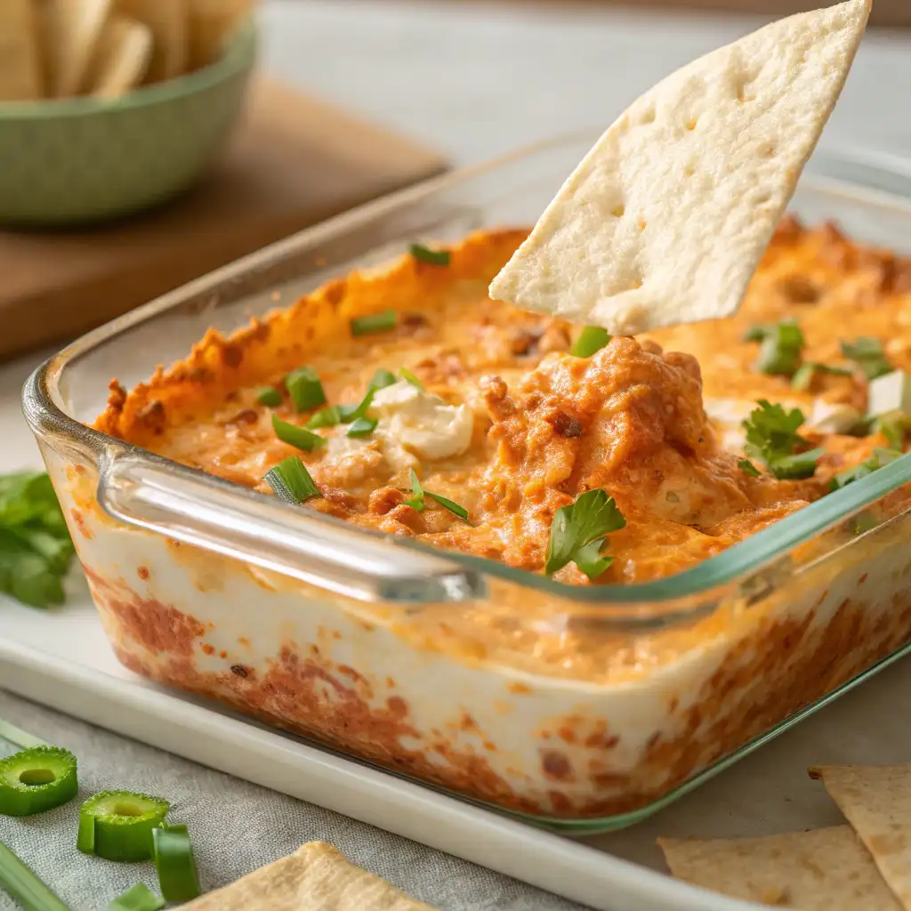 Close-up of creamy high protein buffalo chicken dip with shredded cheddar on top.